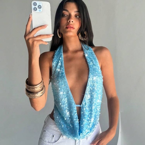 Aloruh Women's Translucent Sequin Plunging Neckline Backless Halter Camisole - Picture 1 of 4